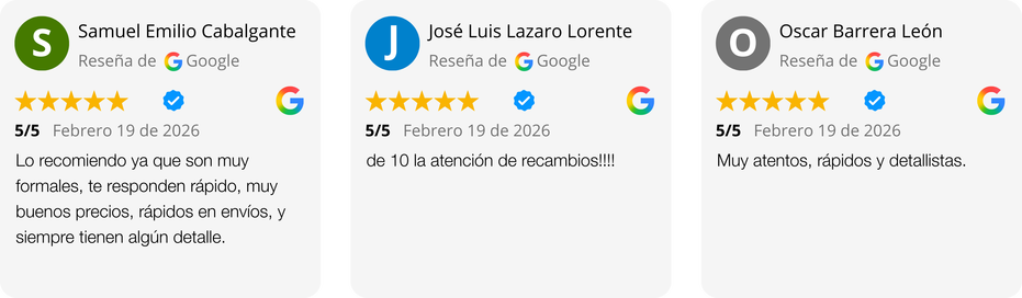 Reseña de 5 estrellas en Google: excelente atención en recambios para toda España