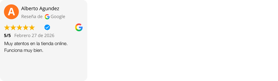 Reseña de 5 estrellas en Google: Muy atentos en la tienda online, funciona muy bien para toda España
