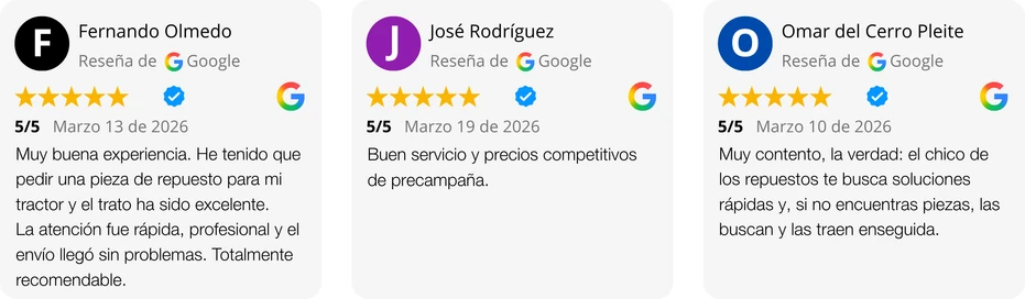 Reseña de cliente Agrícola la Sagra Reseña de 5 estrellas en Google: La atención fue rápida, profesional y el envío llegó sin problemas.